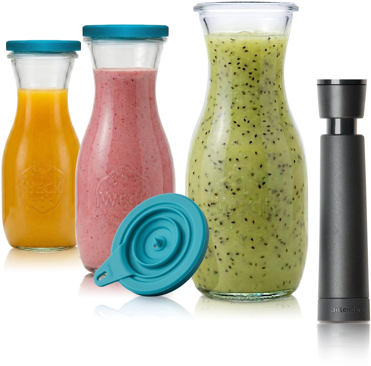 Airtender Smoothie Saver (3st.) | 3x Vacuüm karaf van glas (500ml) | 3x Vacuümdeksel + GRATIS -pomp | 100% Plasticvrij | Smoothies, juices en shakes tot 5x langer vers, kleurrijk en vitaminerijk | Maak smoothies voor de hele week! | + To-Go Clip