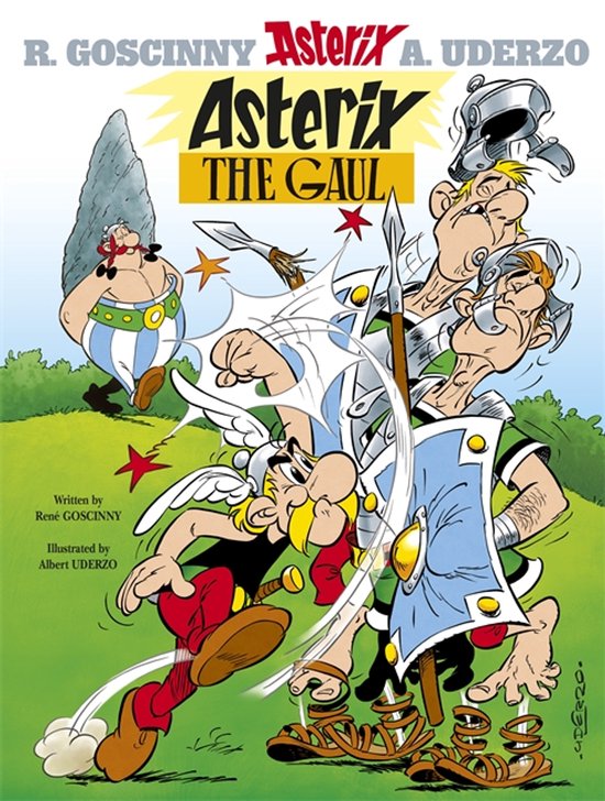 Asterix en Obelix in gevecht met Romeinse soldaten, met "Asterix The Gaul" in grote letters.