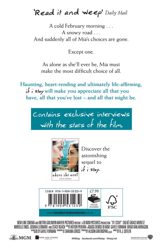 Boekomslag achterkant met de tekst 'Read it and weep' Daily Mail, over een meisje en 'Contains exclusive interviews with the stars of the film'. ISBN en prijs staan onderaan.