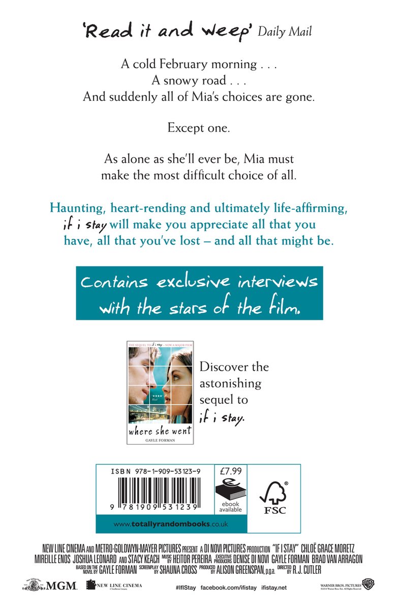 Boekomslag achterkant met de tekst 'Read it and weep' Daily Mail, over een meisje en 'Contains exclusive interviews with the stars of the film'. ISBN en prijs staan onderaan.