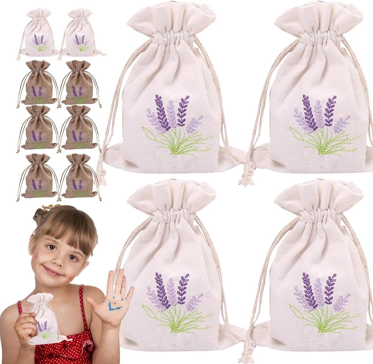 Lavendel zakjes - Kleine linnen zakjes - Geur opslag - Geborduurd trekkoord - 10x14cm 12 stuks - Zacht linnen