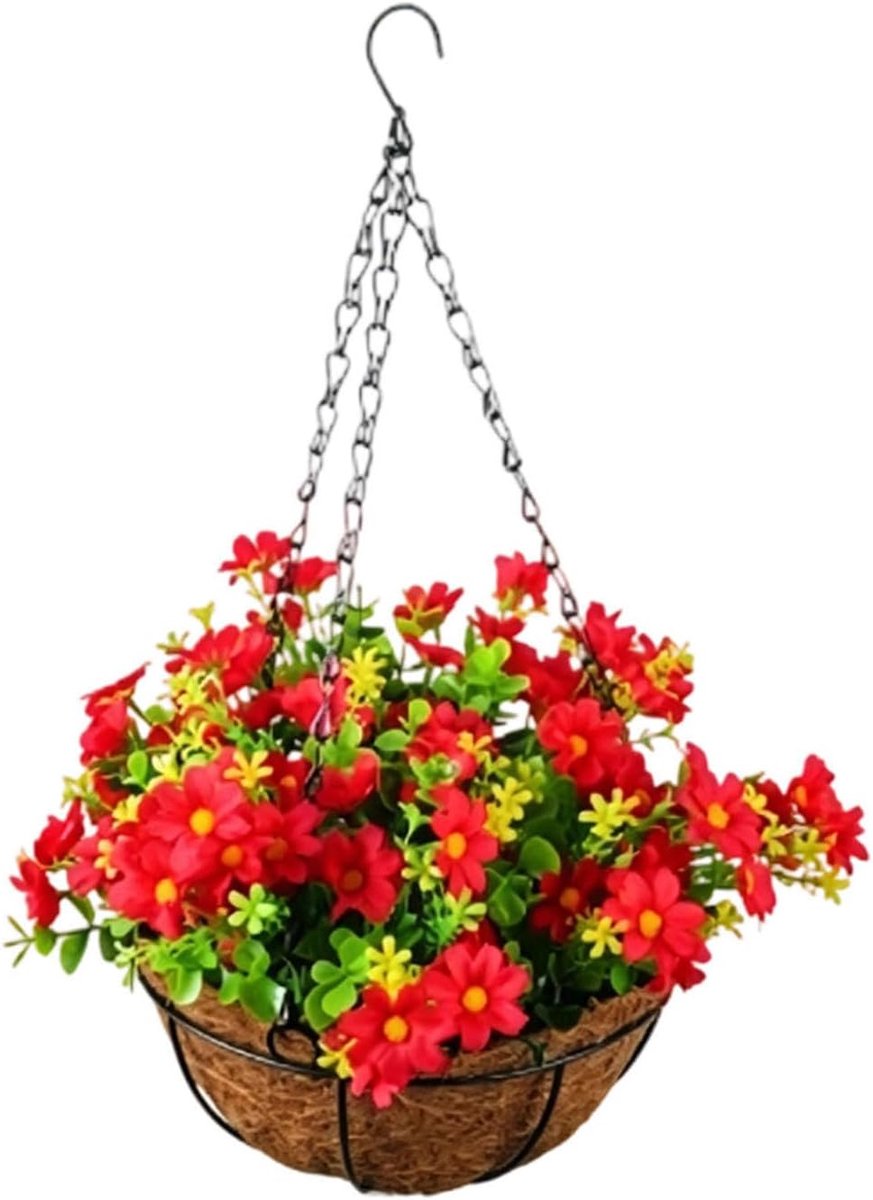Hangende Bloemenmand - Kunstbloemen Decoratie - Buiten Decoratie - Waterdichte Metalen Bak - 28x28x44cm - Rood