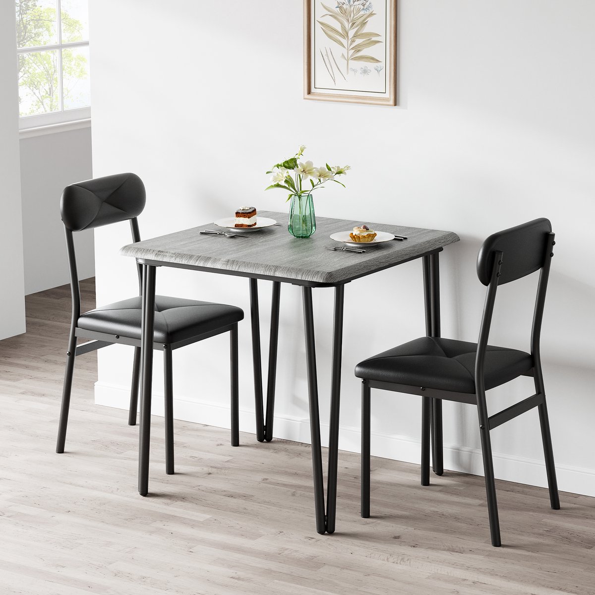 Eettafel Stoel Set 3-delig - 74x74x76cm - Tafel met Afgeronde Hoeken - 2 Ruimtebesparende Stoelen van PU Leer - Voor Eetkamer en Woonkamer - Grijs