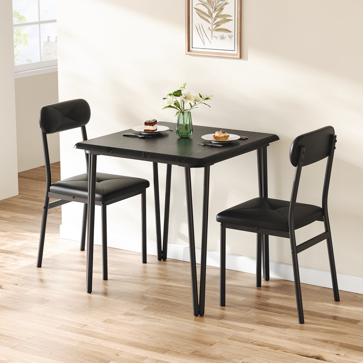 Eettafel Stoel Set 3-delig - 74x74x76cm - Tafel met Afgeronde Hoeken - 2 Ruimtebesparende Stoelen van PU Leer - Voor Eetkamer en Woonkamer - Zwart