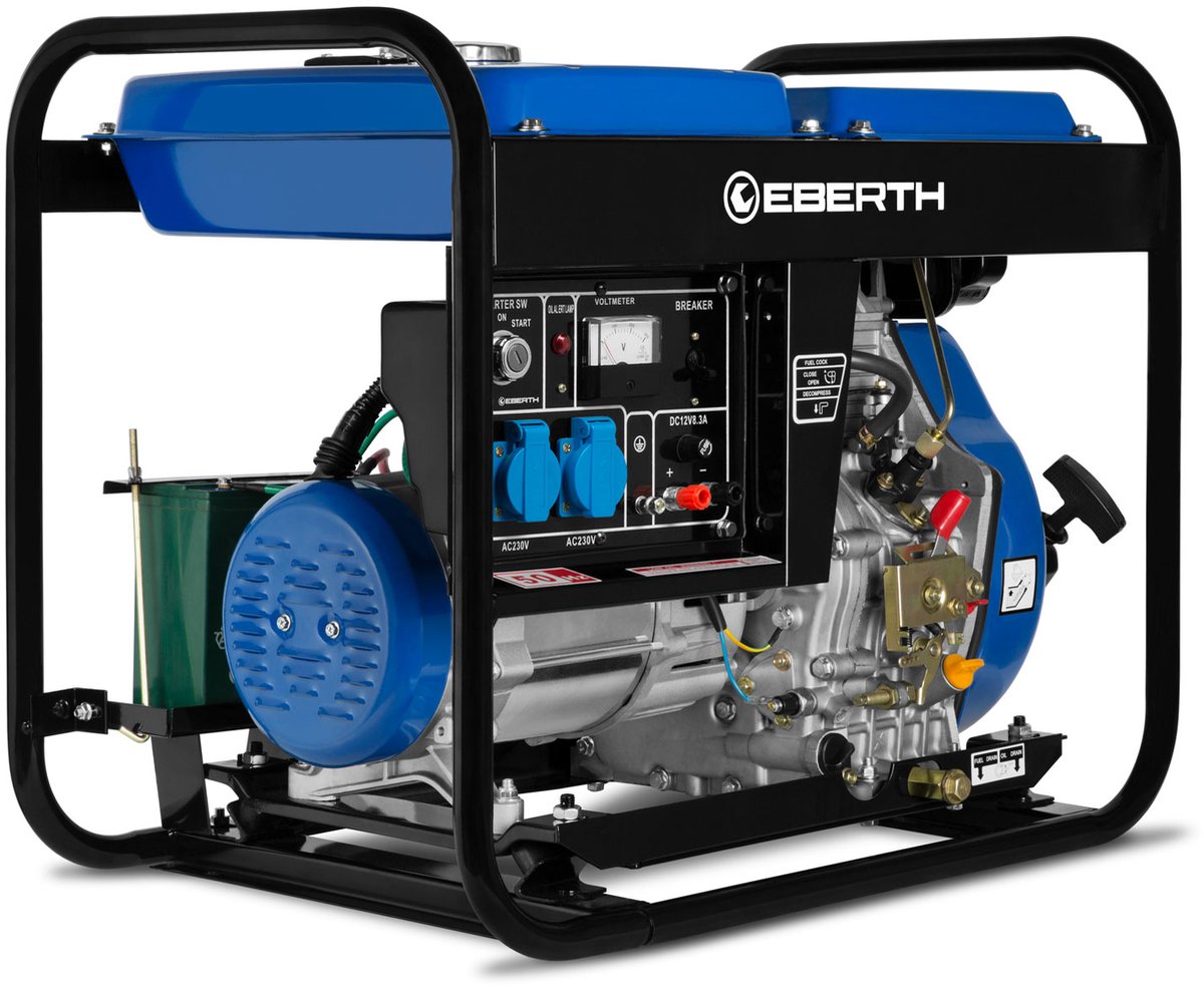 EBERTH 5000 Watt dieselnoodstroomaggregaat, stroomgenerator met 10 PS dieselmotor, 4-takt, elektrische starter, 2x 230 V, 1x 12 V, automatische spanningsregelaar (AVR), oliepeilbeveiliging