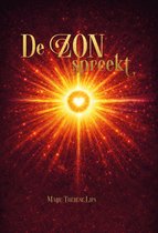 De cover van het boek 'De zon spreekt' met een stralende zon met een hartvormige kern, tegen een donkerrode, sprankelende achtergrond.