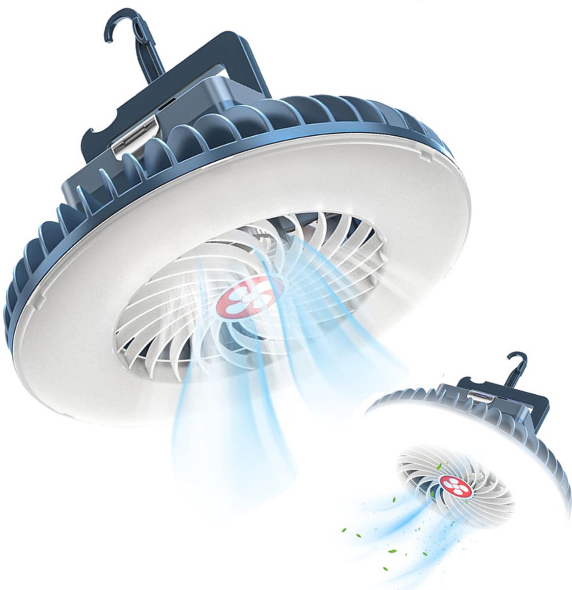 Ventilator met licht LED - Ophangbaar Ventilator - Led CampingLamp - Tuinverlichting - Kampeerlamp - Noodlamp - Kampeer Accessoires - Voor kamperen, avontuur, black-out, nooduitrusting - Blauw