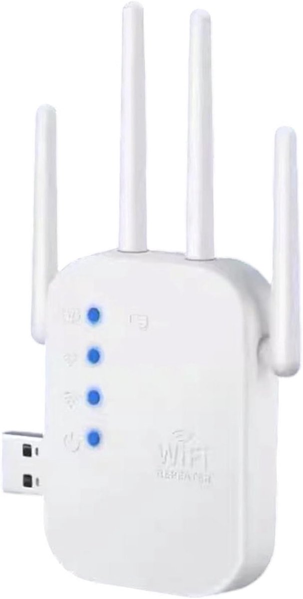 Internetverlenger WiFi Versterker - Draadloze Repeater - Volledige Huisdekking - 4 Antennes Stabiel Signaal - Compact Ontwerp - Wit