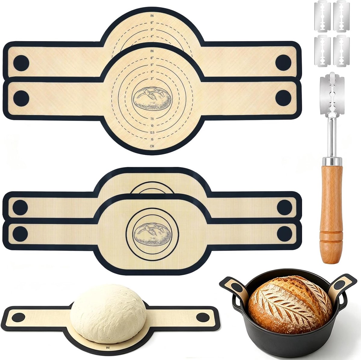 Siliconen Bakmat Set - Broodlus Bakvorm - Broodbakken Thuis - Met Lange Handgrepen - 4 Stuks - Grijs