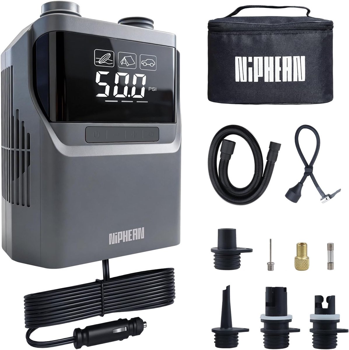 Elektrische Luchtpomp 50 PSI – SUP Pomp voor Paddleboard Autoband en Tent – 3 Presets – Opblazen en Leeglaten – 6 Mondstukken – Via Sigarettenaansluiting