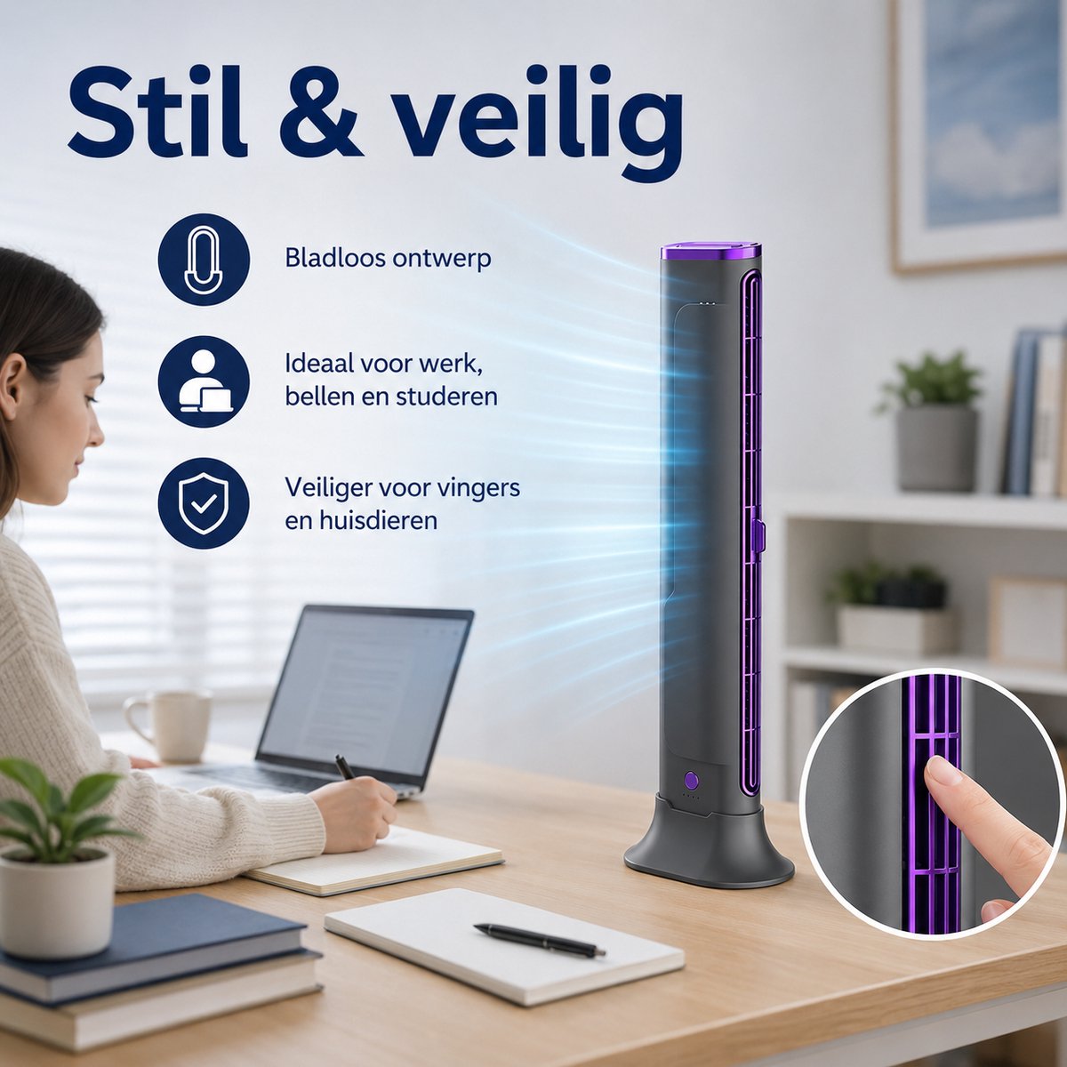 VHV - Torenventilator - Bladloos - Tafelventilator - Ventilatoren - Ventilator staand - Bureauventilator - Bladloze ventilator - Mini airco - Oplaadbaar - USB - Stil - Voor onder monitor en kantoor - Draadloos - 1200 mAh - 37*10.8*6.8CM - Grijs-paars – foto 5