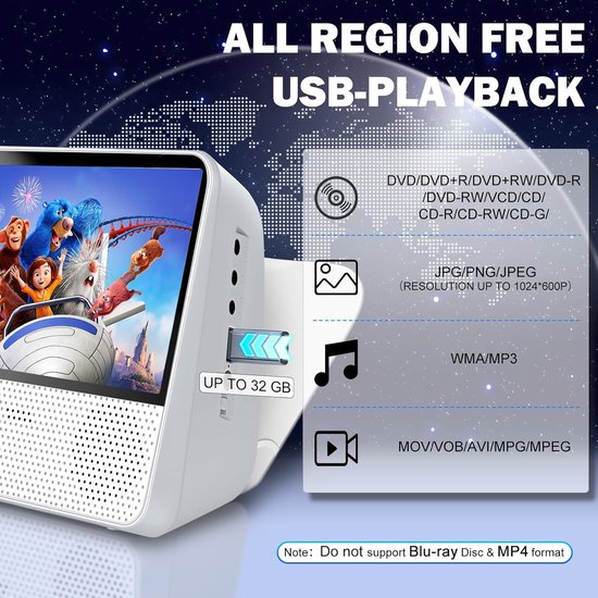 Draagbare DVD Speler - Mobiele Mediaspeler - Reizen met kinderen - Lange batterijduur - 7 inch scherm - Wit — afbeelding 4