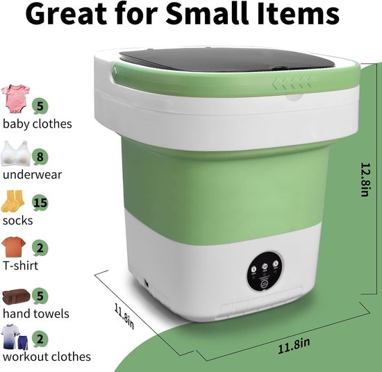 Opvouwbare Mini Wasmachine - 12L - Camping Wasmachine met Centrifuge Mandje - Draagbare Kleine Wasmachine voor Camping Apartement Kamer of Reizen - Smart Touch - 31.8 x 31.8 x 33 cm - Groen & Wit — afbeelding 5