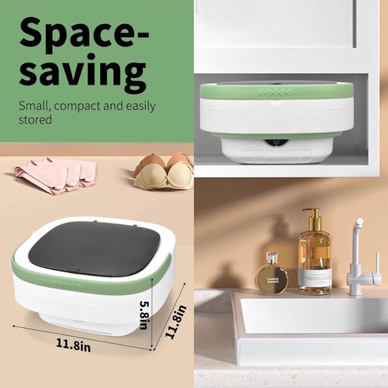 Opvouwbare Mini Wasmachine - 12L - Camping Wasmachine met Centrifuge Mandje - Draagbare Kleine Wasmachine voor Camping Apartement Kamer of Reizen - Smart Touch - 31.8 x 31.8 x 33 cm - Groen & Wit — afbeelding 2