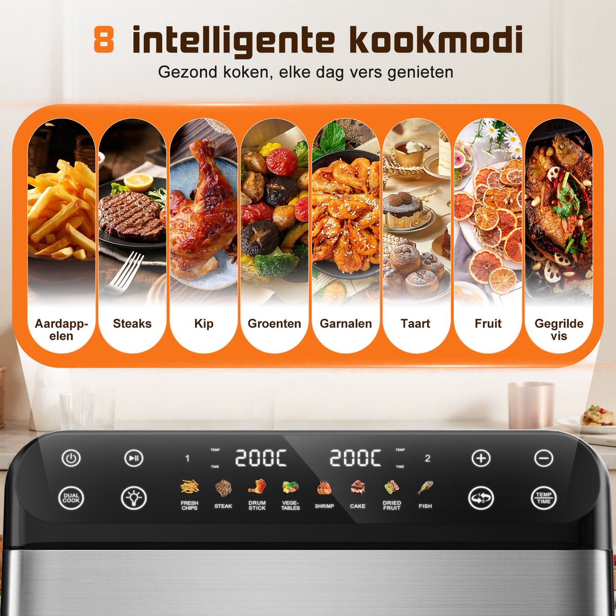 Fukstern Airfryer XXL 11L – Grote Airfryer met Flexibele Basket, Uitneembare Scheidingswand & Kijkvenster – Touchscreen – Onafhankelijke Temperatuurregeling – 2600W – 8 Programma's – PFAS-vrije Metalen Anti-aanbakmand – Zilver thumbnail 8