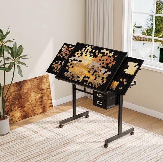 Puzzeltafel - Verstelbaar Blad Met Beschermblad En Opberglades - Verrijdbaar Voor Puzzelen En Tekenen - MDF En Metaal - 90 X 60 X 80 Cm - Zwart — afbeelding 5