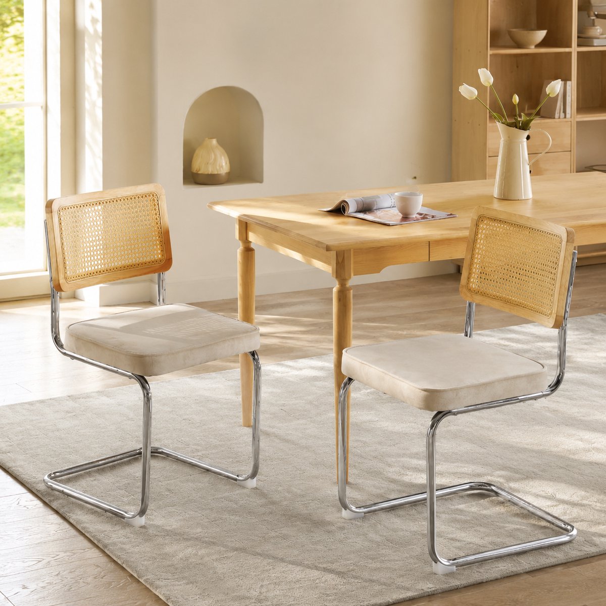 Welltin Eetkamerstoelen - Set Van 2 - Eettafelstoel - Gestoffeerde eetkamerstoel - Eetkamerstoelen - Met rugleuning - Rieten rugleuning - Fluweel - Metalen stoelpoten - Middeleeuwse Stijl - Beige