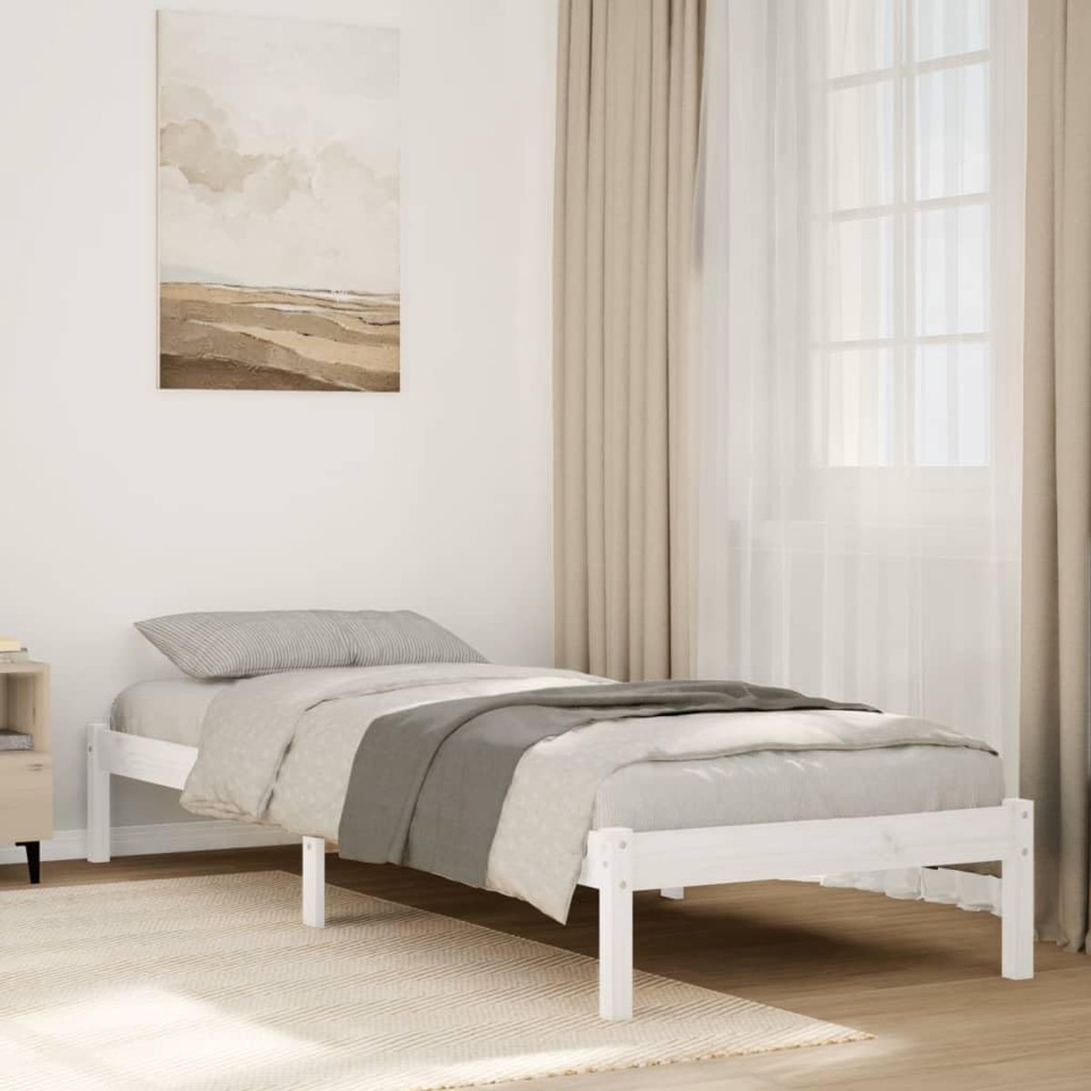 Houten Bedframe - Eenpersoonsbed - Goede Nachtrust - Massief Grenenhout - 90x210 cm - Wit