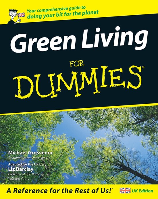 Boek "Green Living For Dummies" met groene bladeren en een blauwe lucht. Tekst: "Your comprehensive guide to doing your bit for the planet".