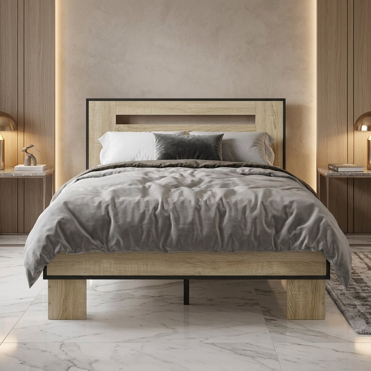 Modern Bedframe 100x200 cm met Lattenbodem – Houten Tweepersoonsbed / Eenpersoonsbed in Zwart – Stevig Minimalistisch Slaapkamerbed – Medahomestore