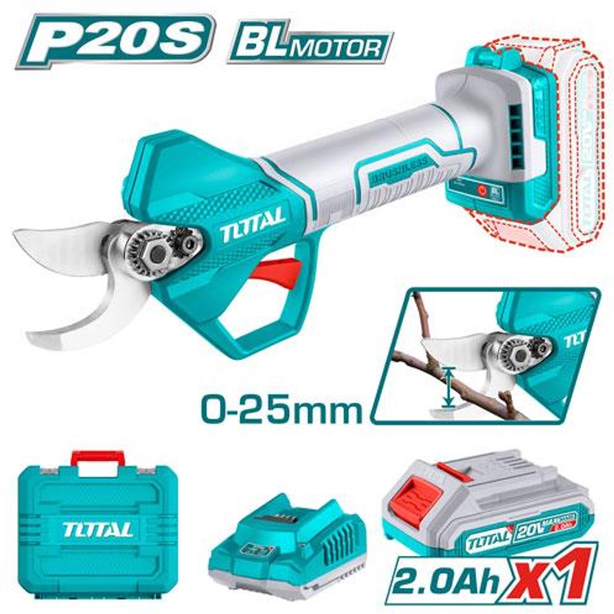Snoeischaar - Takkenschaar - Lithium ion 2,0ah 20V - 0-25mm snijdiameter - Inclusief 1x accu, 1x lader, 1x slijpsteen & opbergkoffer