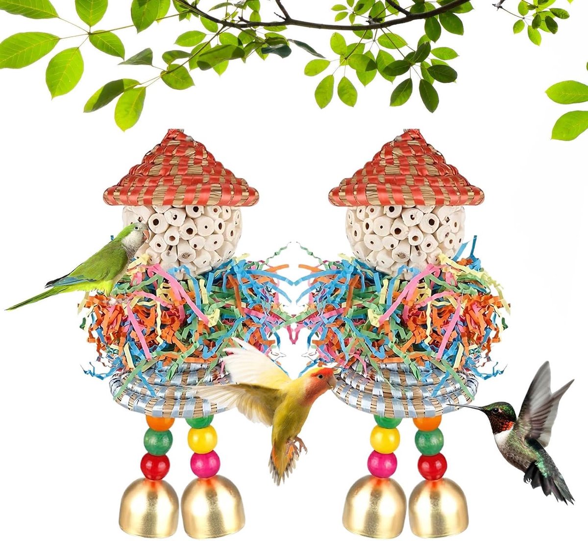Vogelvoederspeelgoed Set - Vogelkauwspeelgoed Kooi - Verveling Voorkomen - Interactieve Schommelactie - 2 Stuks - Multicolor