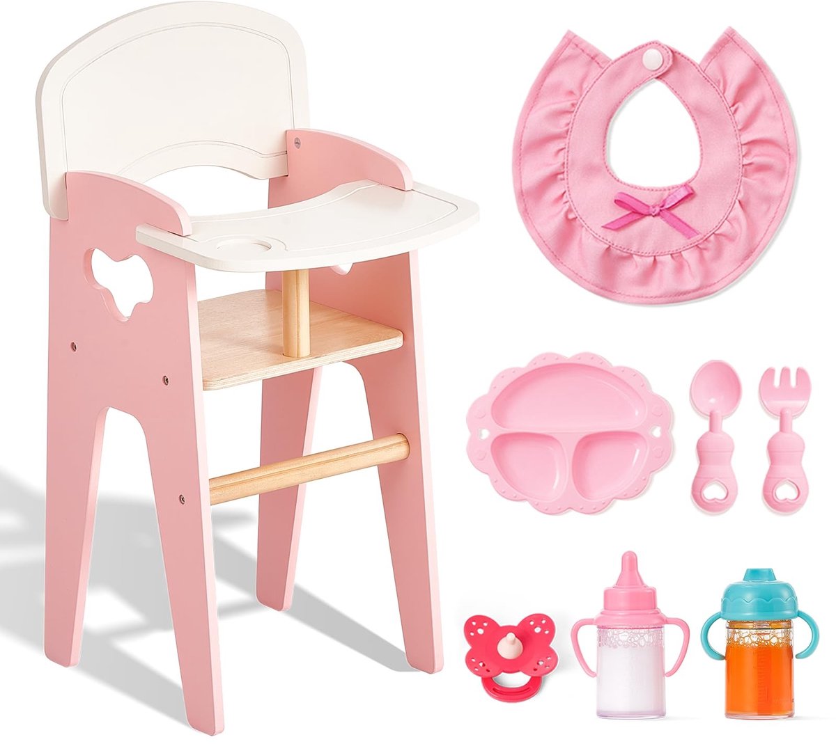 Omgoods - Houten Poppenstoel 2-in-1 met Kruk - Roze