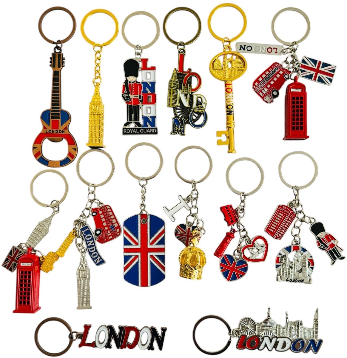 Omgoods - Set van 14 Londen Souvenir Sleutelhangers in Diverse Kleuren