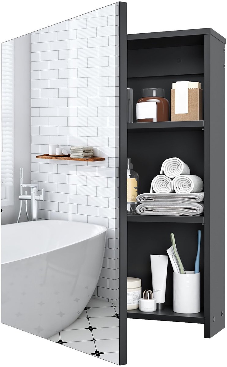 Omgoods- Spiegelkast met spiegeldeur - Wandgemonteerde badkamerkast - Verstelbare planken - Opbergfunctie - Zwart - 45 cm L x 60 cm B - Medicijnkast