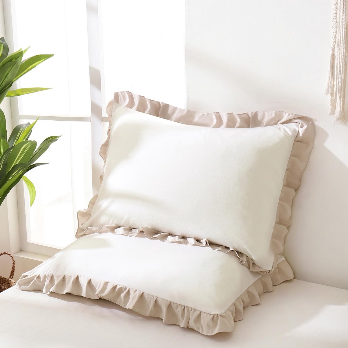Omgoods - Set van 2 Kussenhoezen met Rimpeldesign in Wit en Beige