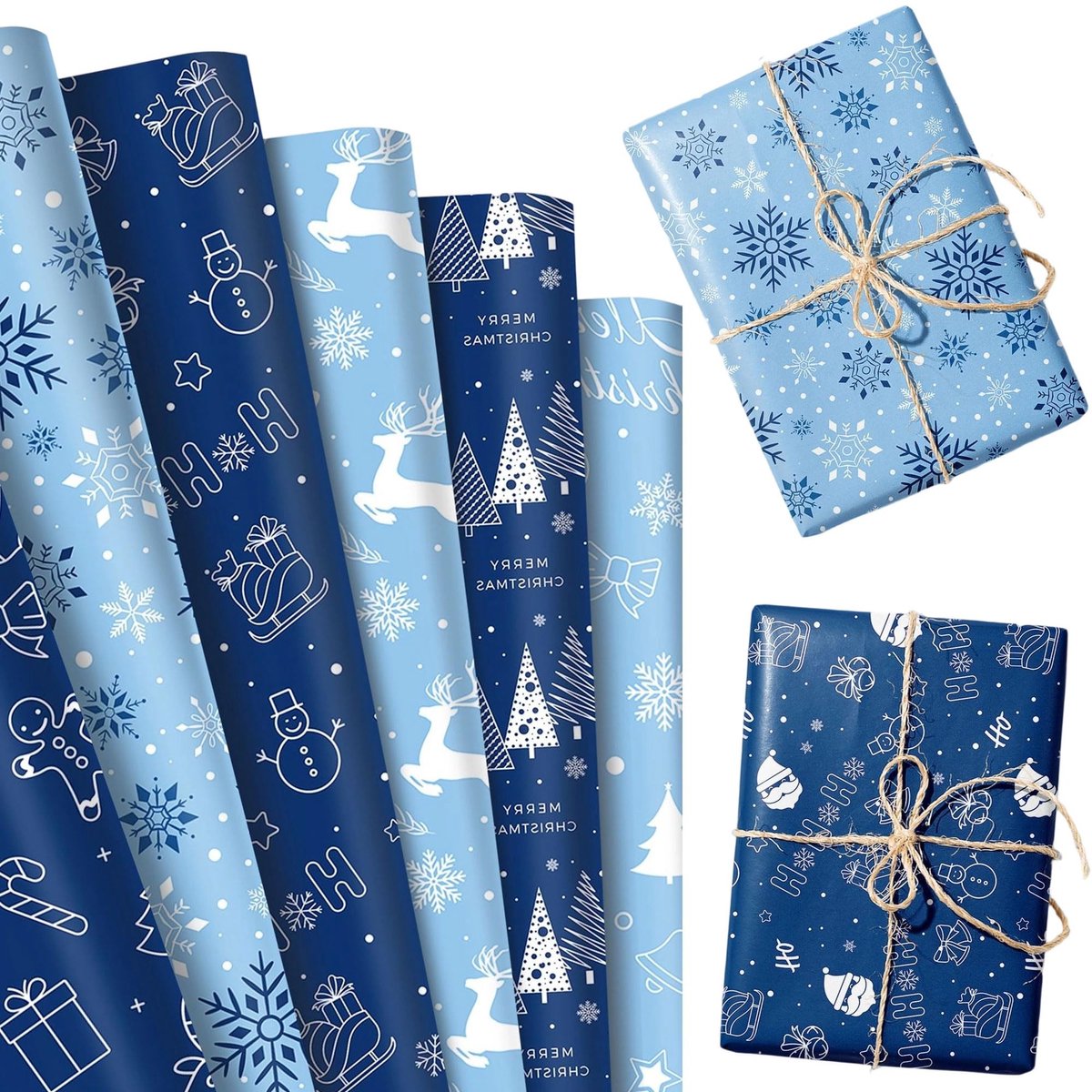 Omgoods - 12 Vellen Blauw Kerst Inpakpapier met Kerstmotieven