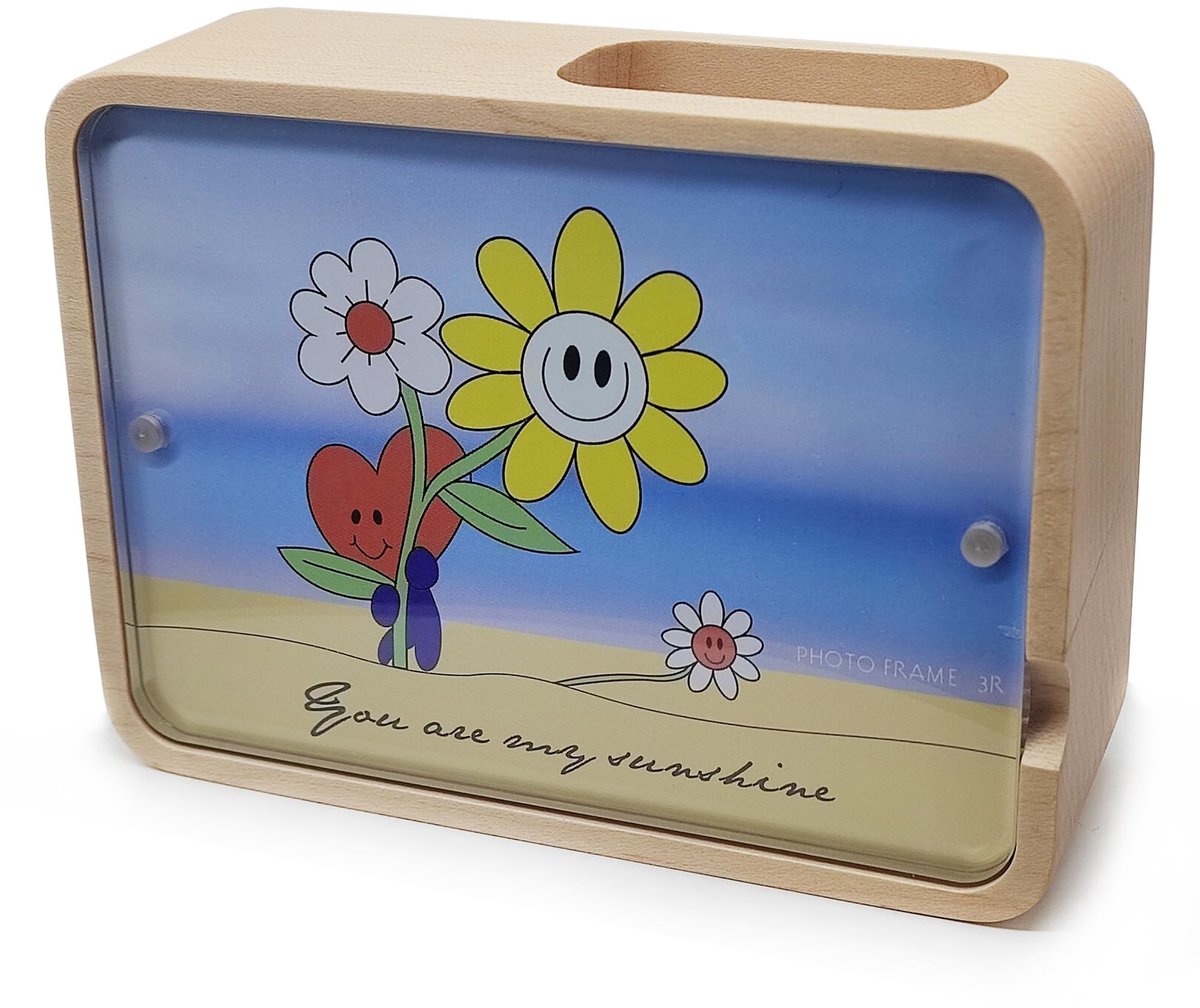 Omgoods - Memory Music Box met Foto Frame en Pennenhouder - Muziekdoos van Massief Hout 13.7 cm