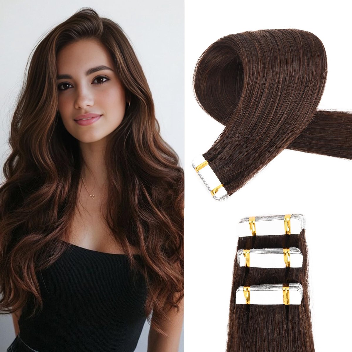 Omgoods- Haarverlengingen Onzichtbare Tape-In - 20 Stuks - 50g - 45cm - Donkerbruin - 100% Echthaar - Flexibele Tapes - Haarextensies