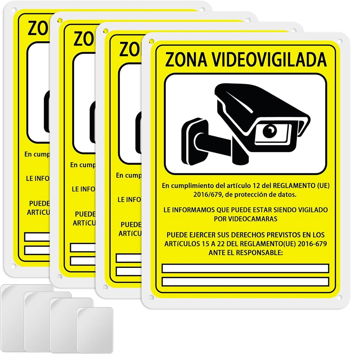 SnelShoppen - 4 Stuks Videobewaking Bord 15 x 20 cm Aluminium Schild Geel - Camera Bewaking Waarschuwingsbord voor Binnen en Buiten - Privégrondstuk A