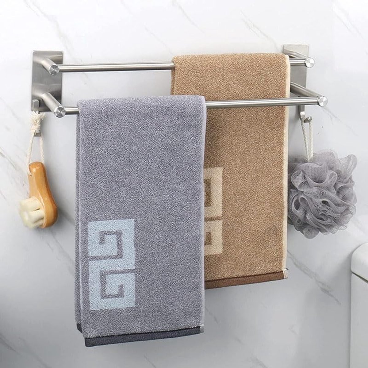 Omgoods - Dubbele Handdoekstang RVS - Zelfklevend 70 cm - Badkamer en Keuken