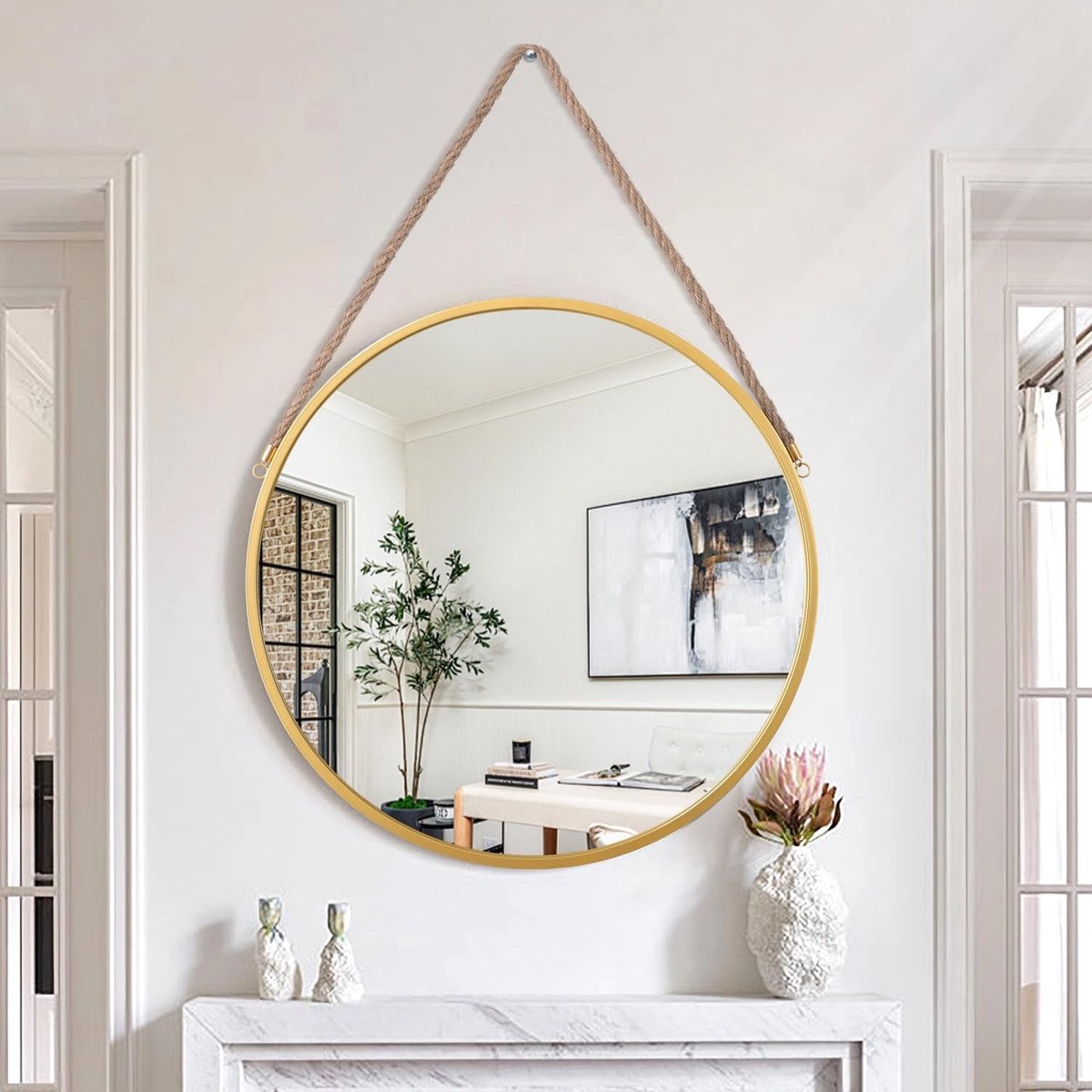 Omgoods - Ronde Wandspiegel met Metalen Frame en Touw