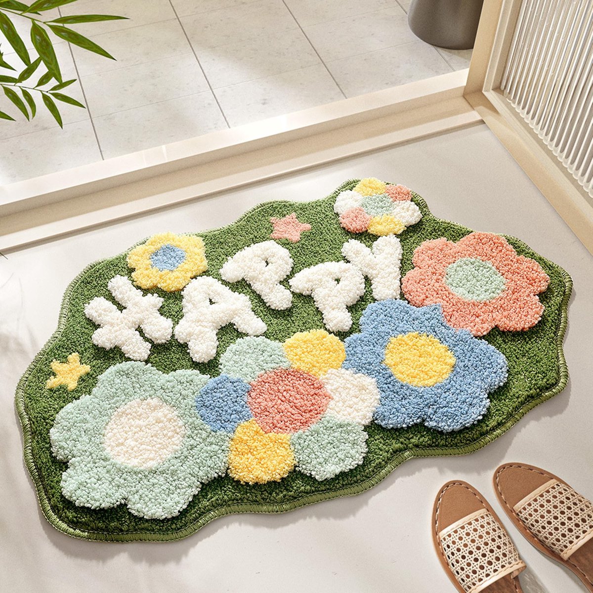 Omgoods - Happy Flower Badmat 45 x 70 cm - Antislip Polyester Badkamermat