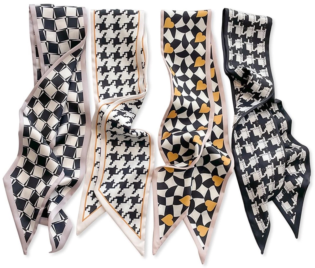 Omgoods - Smalle Zijde Sjaal voor Dames en Meisjes, Retro Design met Dots en Ruitpatroon