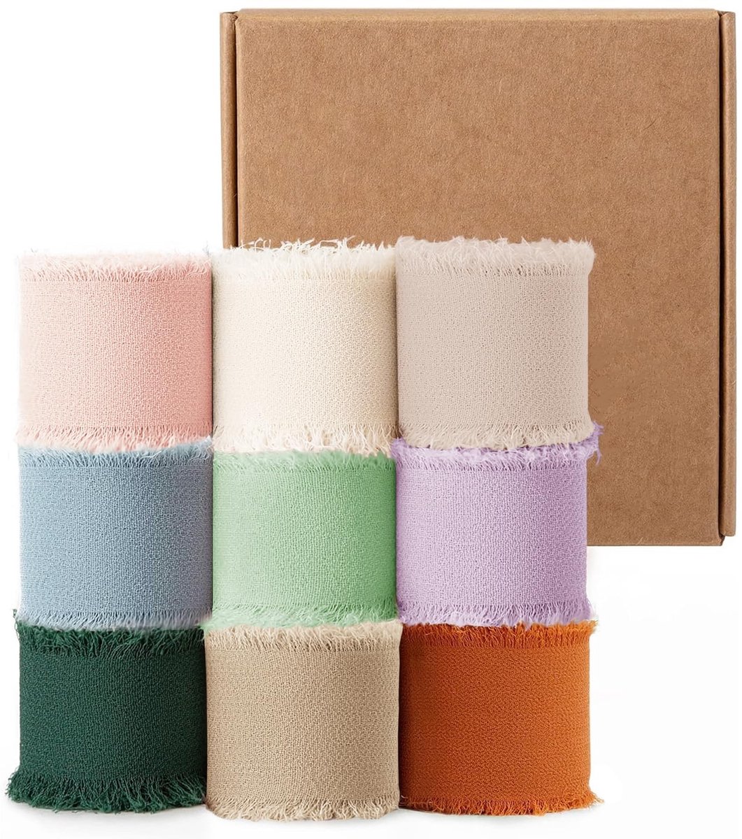 Omgoods- Chiffonlint 9 Kleuren - 3 cm x 5 m - Cadeaulint - Bruiloft Decoratie - Tafeldecoratie - Boeket Versiering - Perfecte Set van 45 m