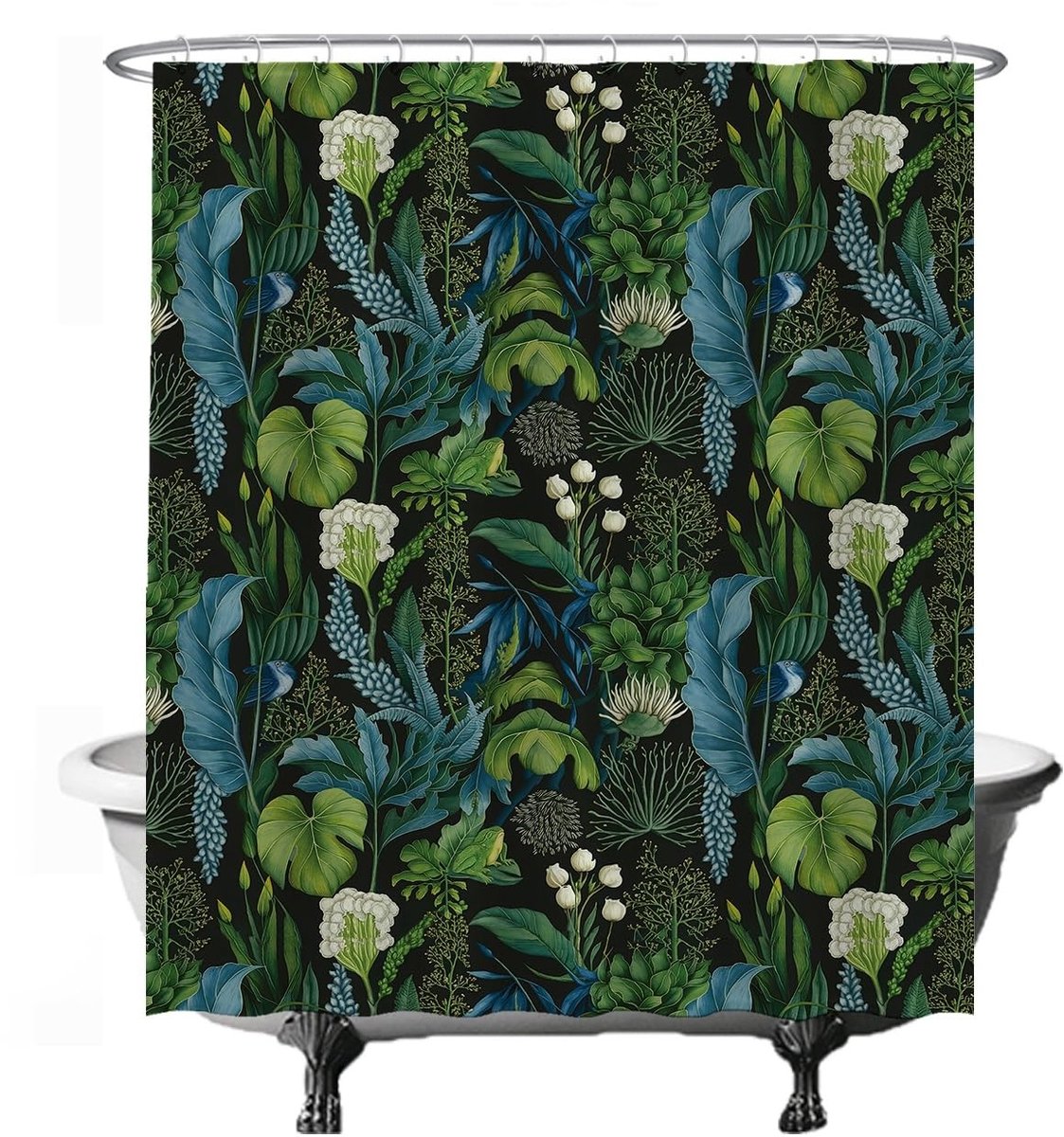 Omgoods - Douchegordijn met Grote Bladeren en Witte Bloemen - Teal 180 x 200 cm