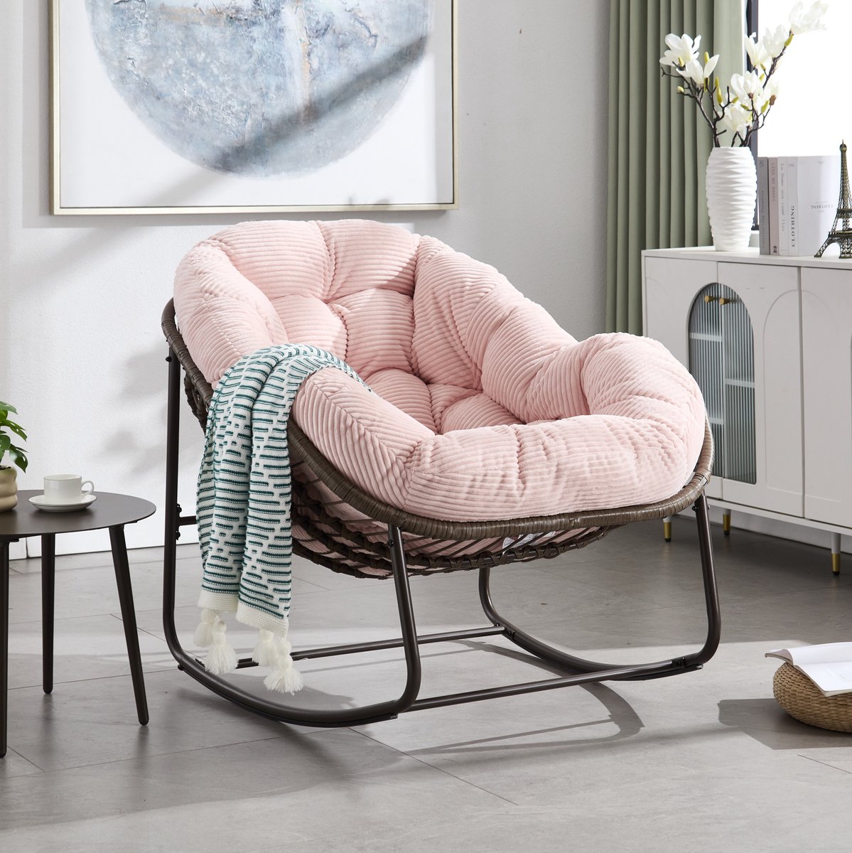 Fauteuil Schommelstoel - Handgeweven Rotan - 78 x 106 x 90 cm - Staal - Roze - Voor Binnen En Buiten