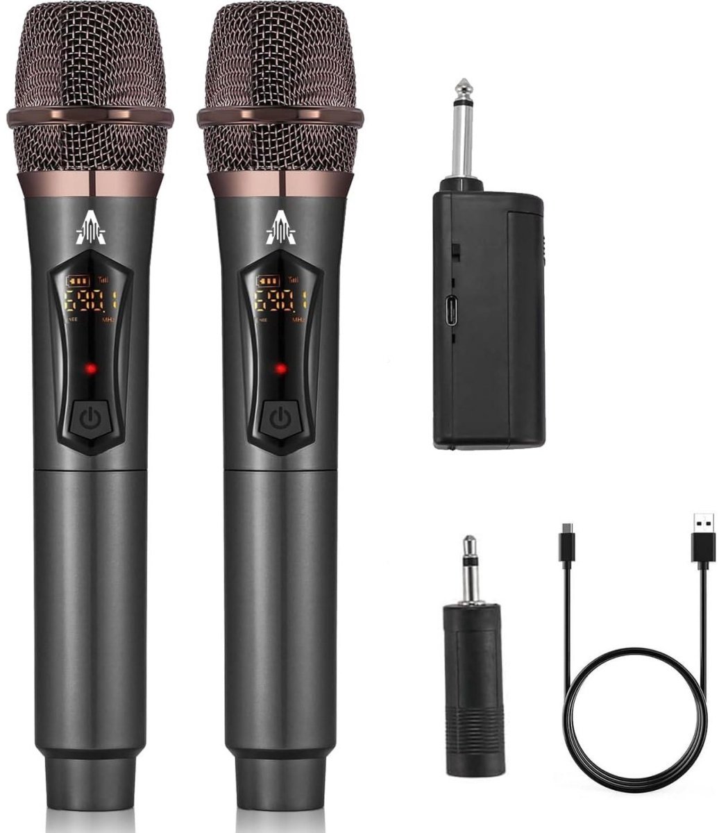 SSTRWGOOD Draadloze Microfoons - Microfoon Karaoké Set met 192kHz/24Bit - UHF Zender met LED Display, 60m Bereik, DSP Ruisreductie en Professionele Audio Processor - Geschikt voor Podium, Thuis en Onderwijs - ABS Materiaal - USB Oplaadbaar - 24,5x5cm