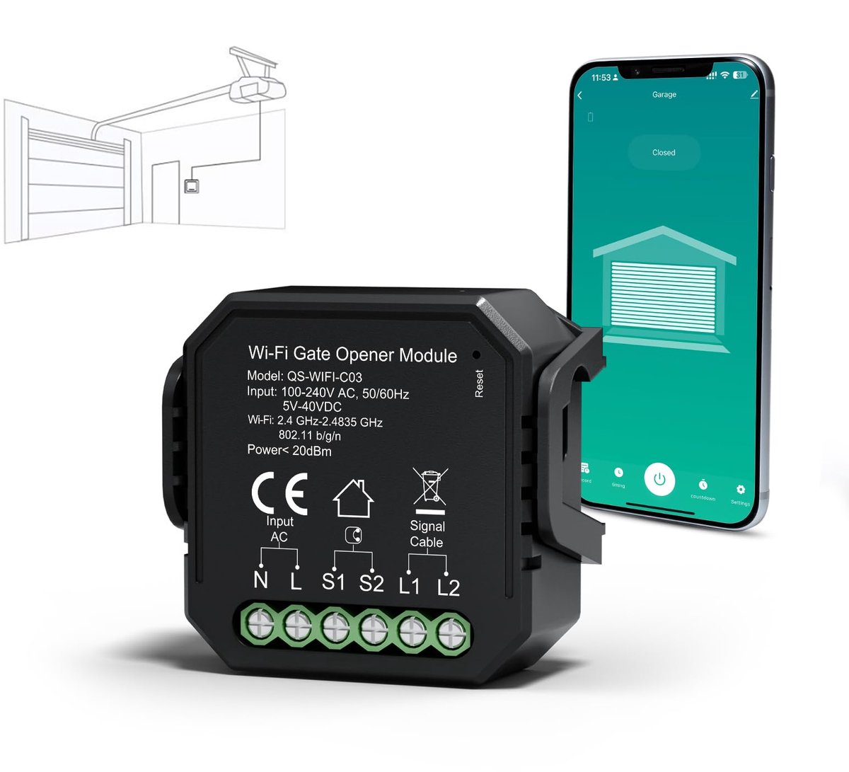 SnelShoppen - Yomogi Wifi-garagedeuropener, Alexa Google Home compatibel, app-bediening, timer, DC en AC, complete accessoires, eenvoudige installatie