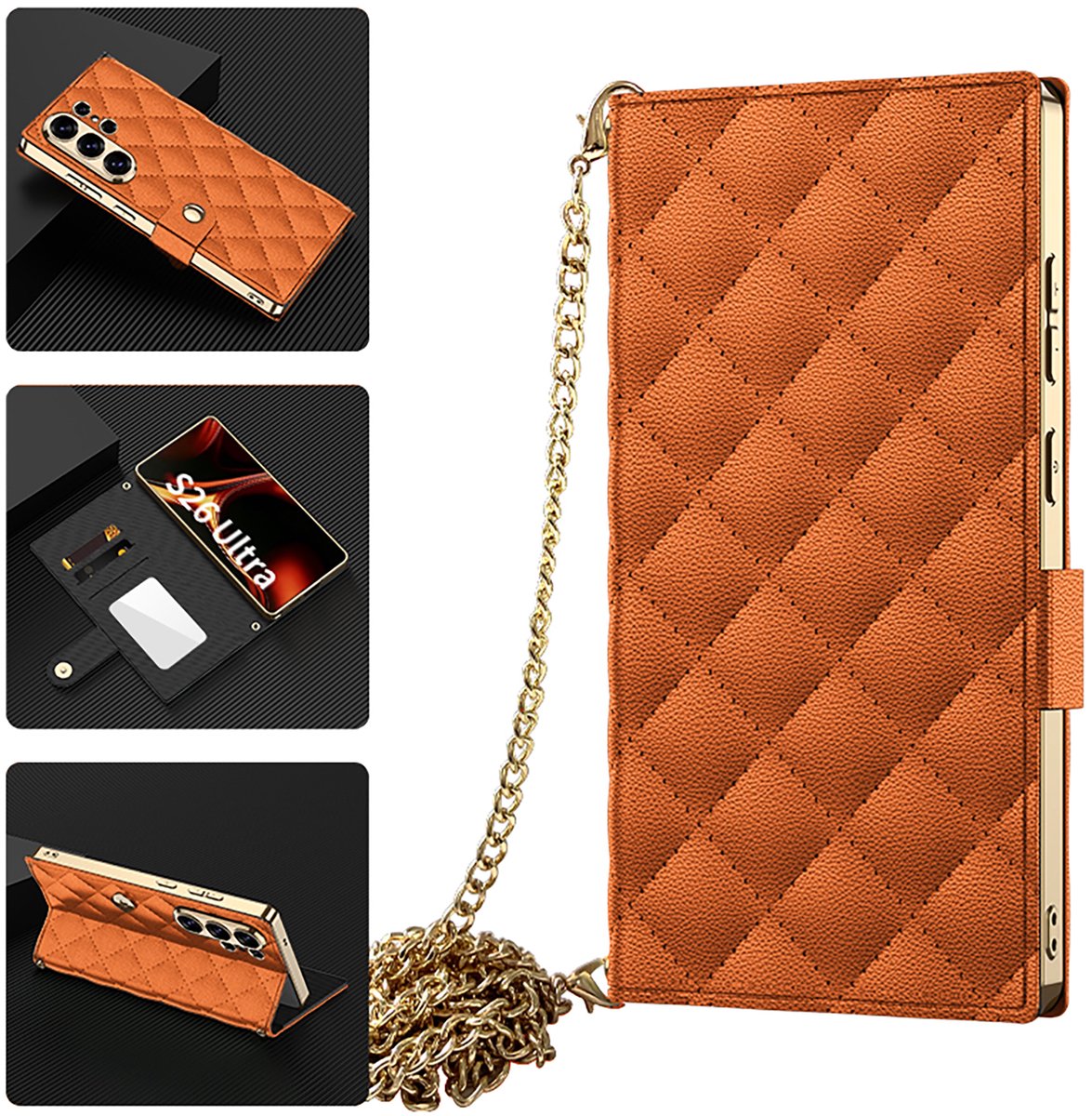Casemania Hoesje Geschikt voor Samsung Galaxy S26 Ultra - Oranje - Gewatteerd Kunstleren Book Case met Pasjeshouder en Koord