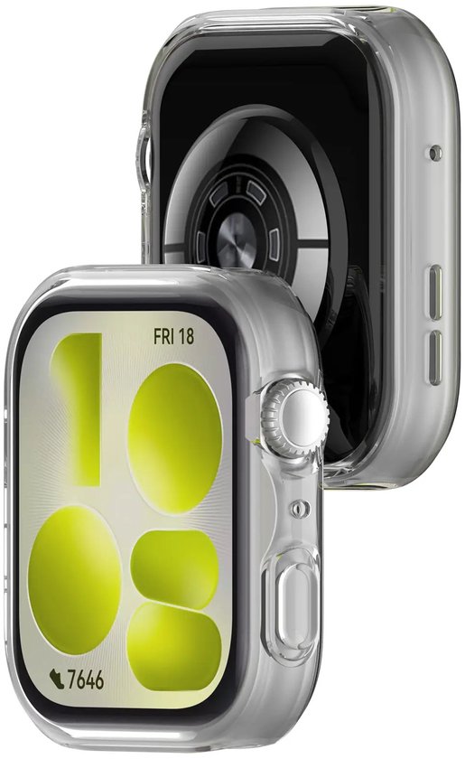 Transparant TPU hoesje, deels om een smartwatch met digitaal limegroen scherm.