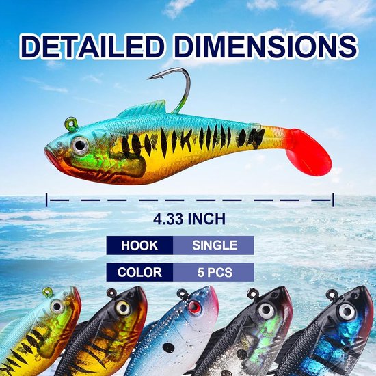 Vijf rubberen visaas met loodkop voor forel, snoekbaars en baars - Paddle tail voor zoet en zout water (11 cm) — afbeelding 5