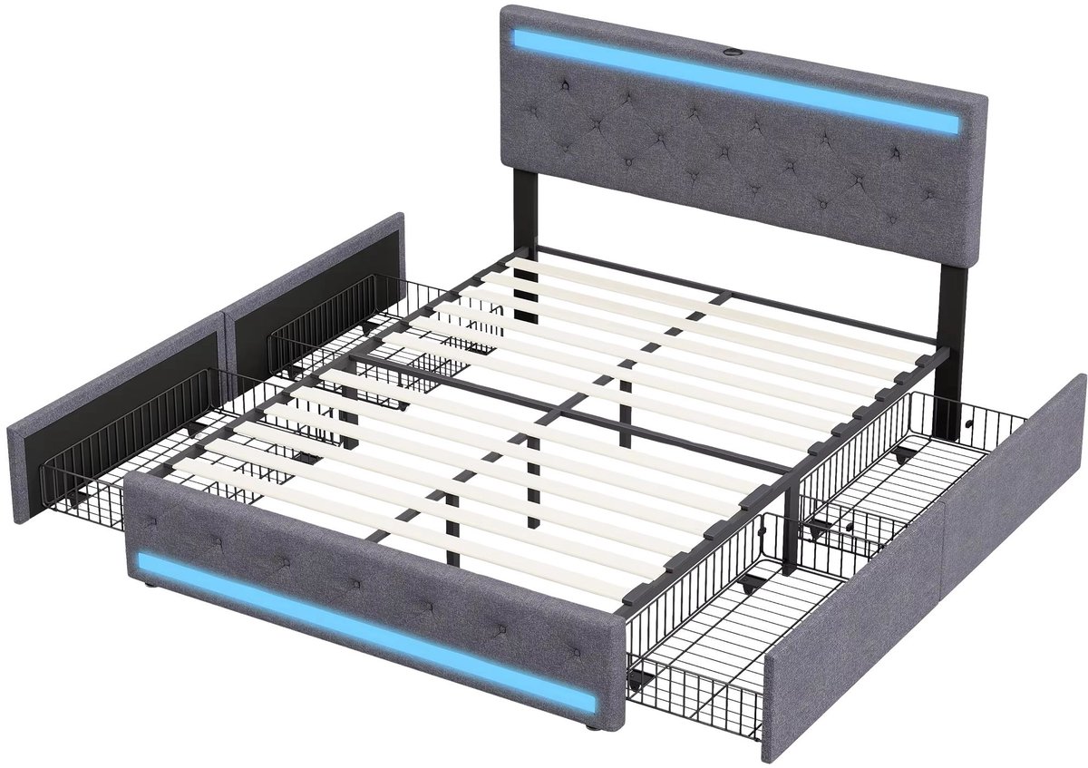 Happiq Gestoffeerd Tweepersoonsbed 140 x 190 Cm - Modern Bed met LED - Aansluitingen - Verlichting, USB Donkergrijs