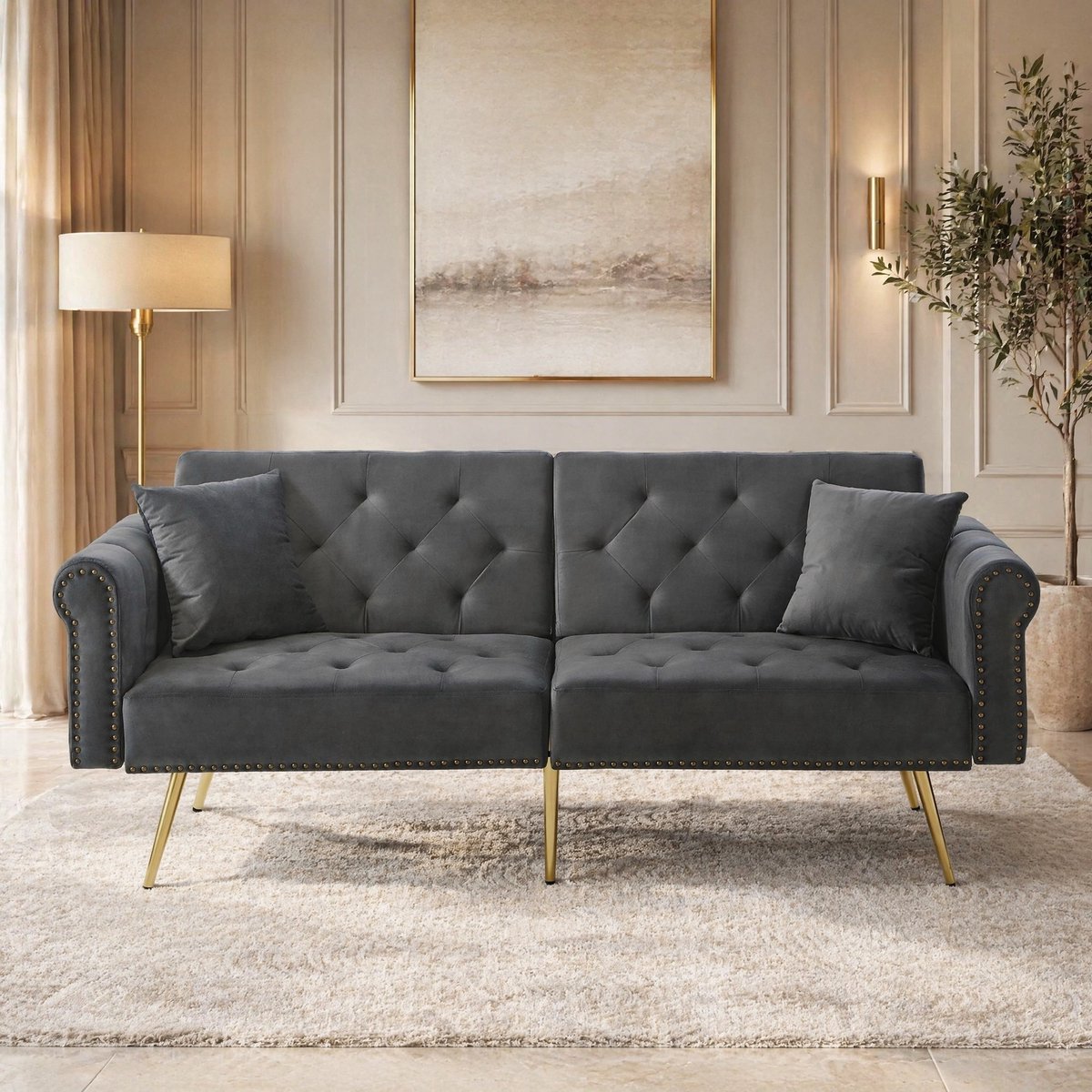 COVREO Slaapbank 173x75x70 cm grijs, velvet met 3 standen rugleuning Antiek grijs