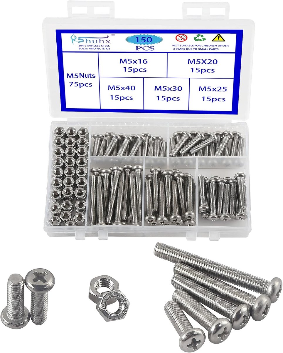 150PCS M5 Bolts and Nuts Machine Screw and Nut 304 Stainless Steel Cross Pan Head Machine Round Head Screws Assortment - ShopVlot