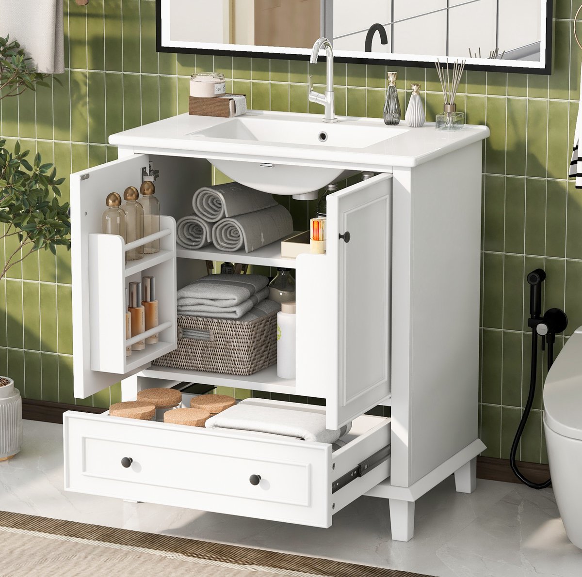 COVREO Badkamerkast met wastafel 76x46x87 cm wit, MDF en keramiek, 2 deuren 1 lade